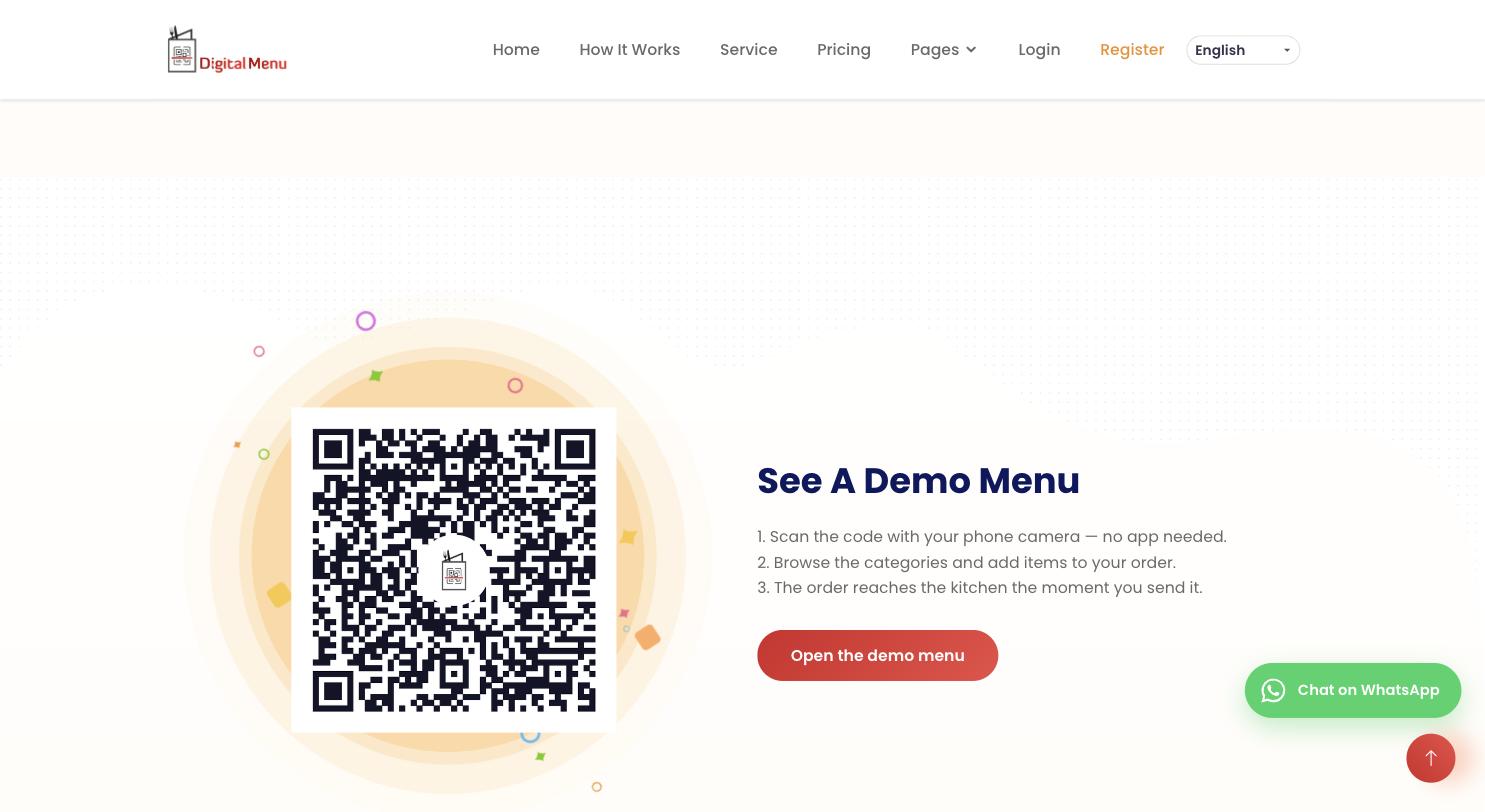 Digital Menu section showing a QR code that opens a public demo menu