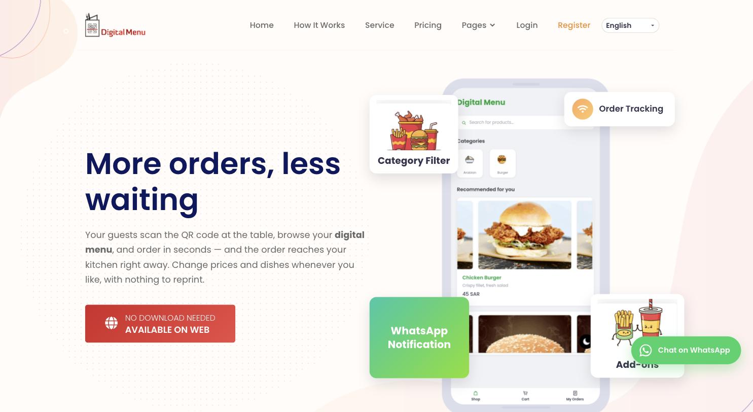 Digital Menu homepage showing the guest ordering interface on a phone