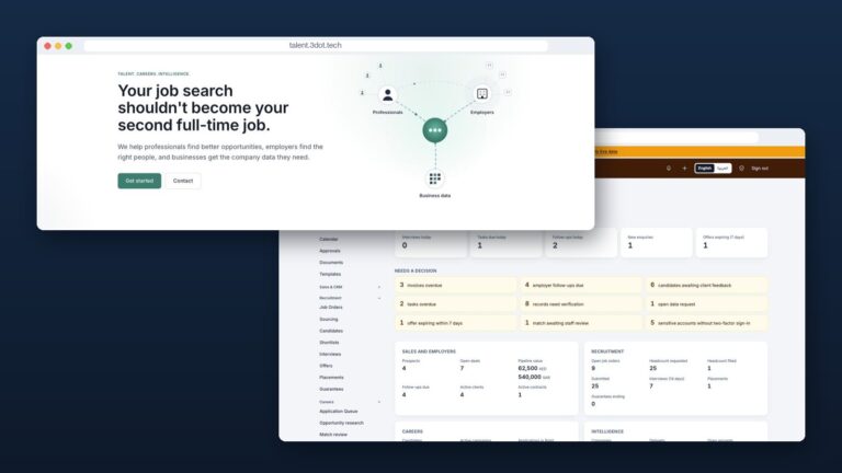 3DOT Talent: the public homepage in front of the owner control center, shown with fictional demo data