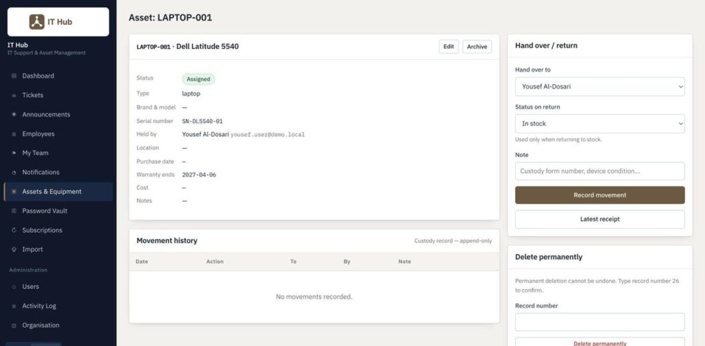 Asset detail page with hand over and return controls and an append-only movement history