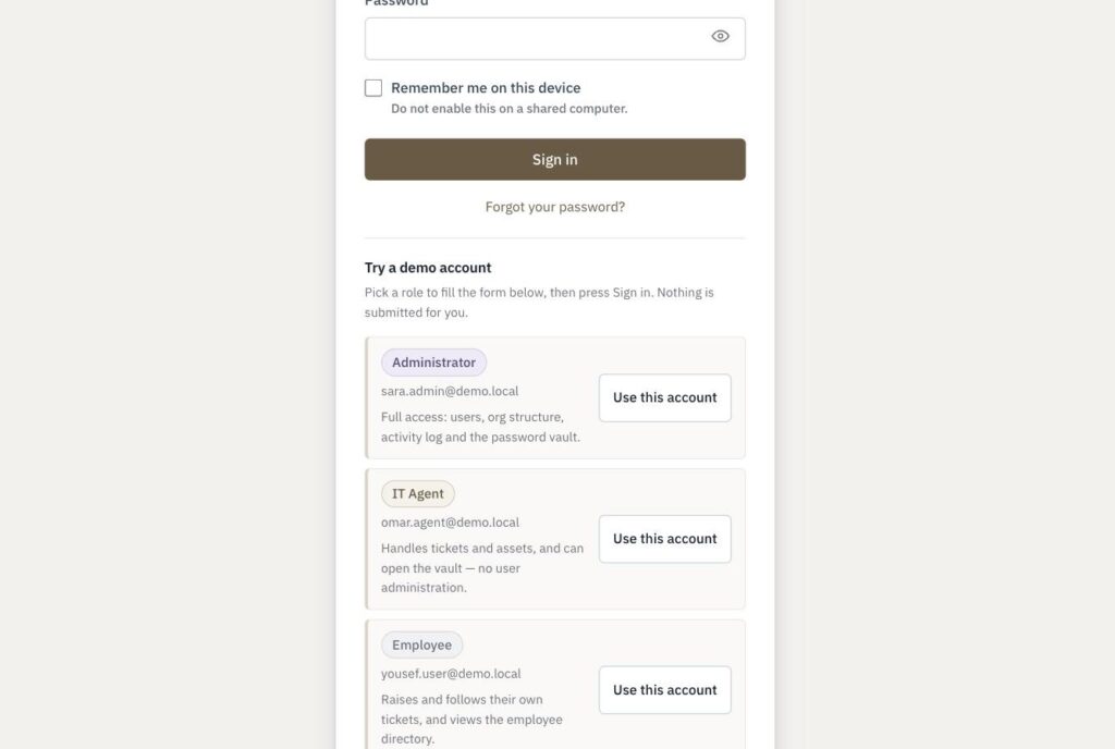 Sign-in page showing three demo roles: administrator, IT agent and employee, each with a Use this account button