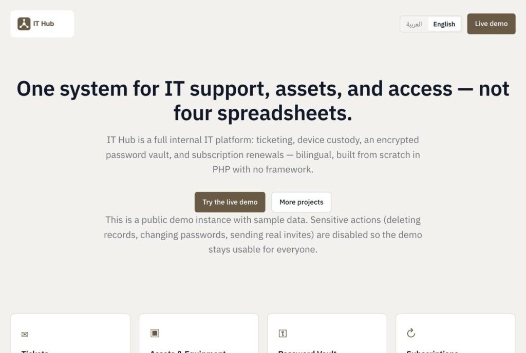 IT Hub public landing page in English showing the headline and the live demo button