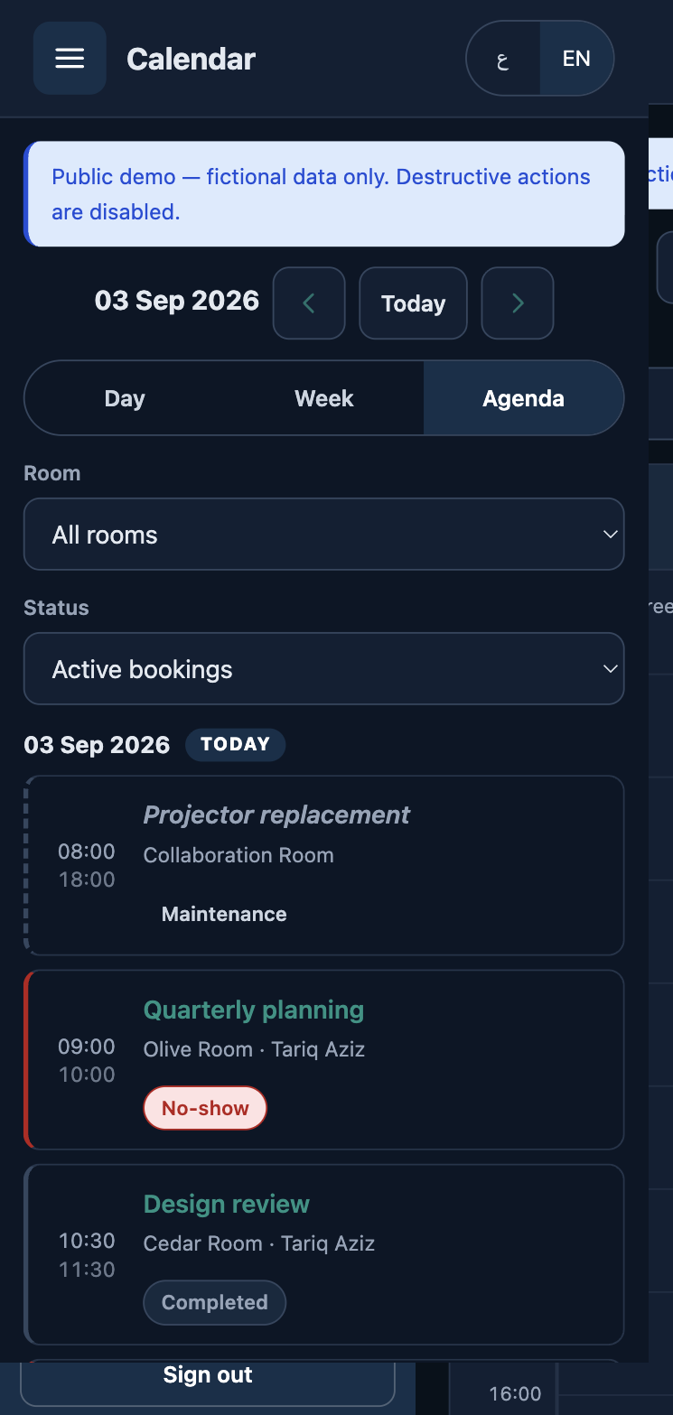 RoomFlow mobile agenda listing bookings by day with times, room, organiser and status badges