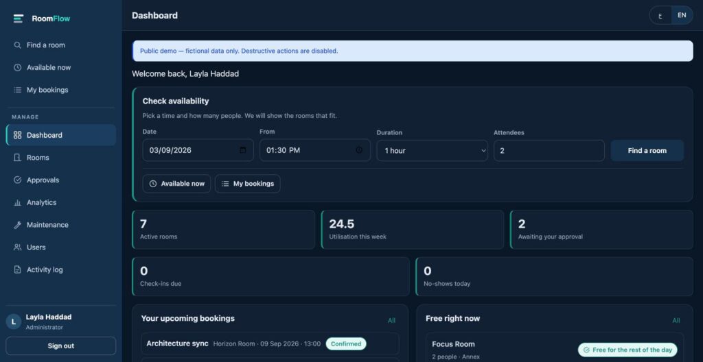 RoomFlow — employee dashboard with the availability check