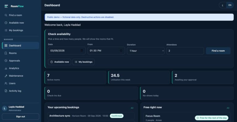 RoomFlow — employee dashboard with the availability check