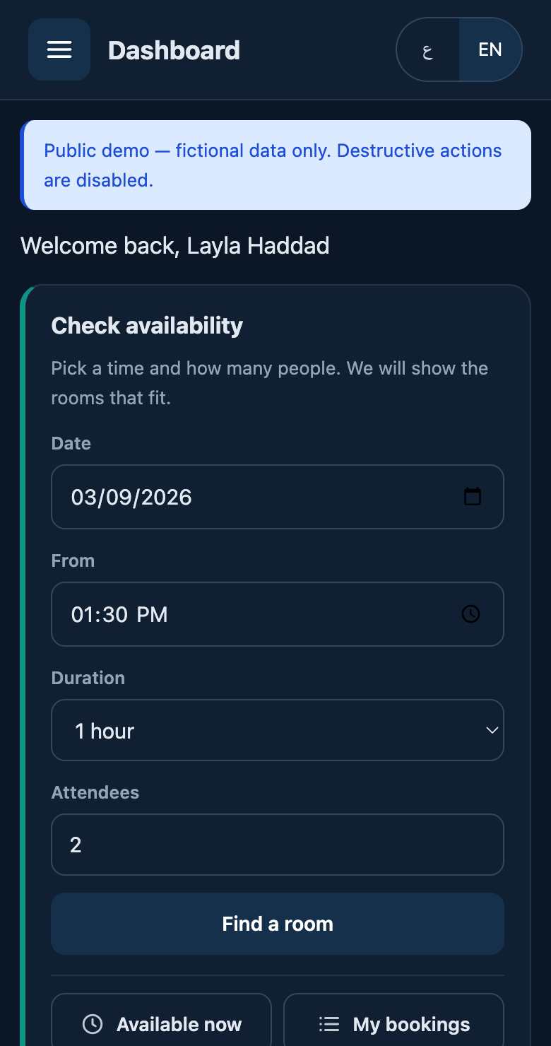 RoomFlow English mobile dashboard, left-to-right, with the menu button top left and the same availability form