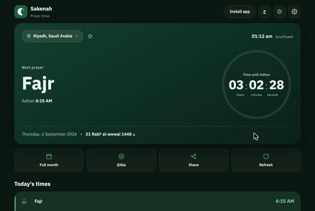 Sakenah home screen in English showing next prayer Fajr, countdown and Gregorian and Hijri dates