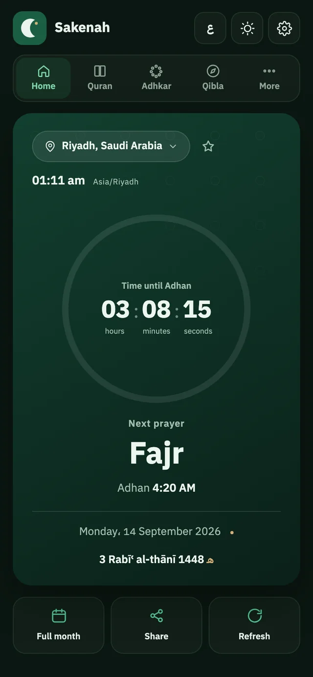 Sakenah home screen: the next prayer, Fajr, with a live countdown and today’s date in Riyadh.