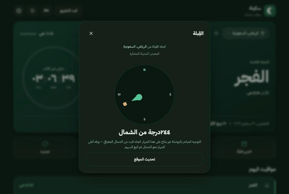 Qibla panel in Arabic showing 244 degrees from north for Riyadh with the location source and a fixed-bearing explanation