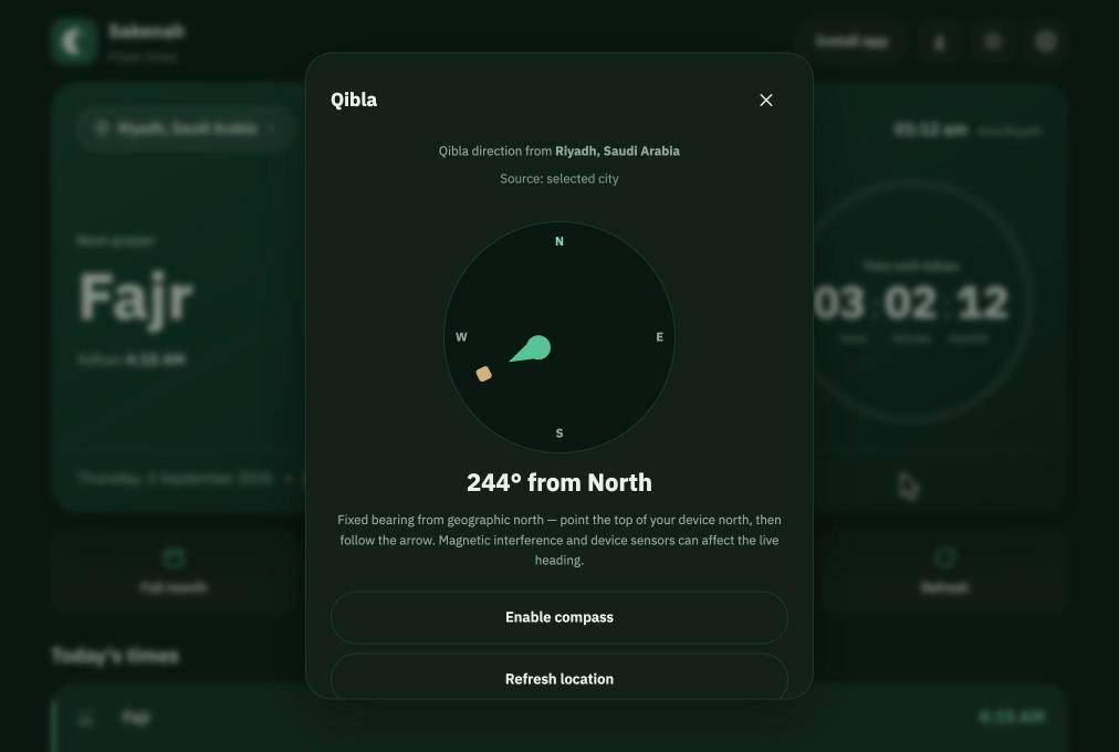 Qibla panel in English showing 244 degrees from north with Enable compass and Refresh location actions