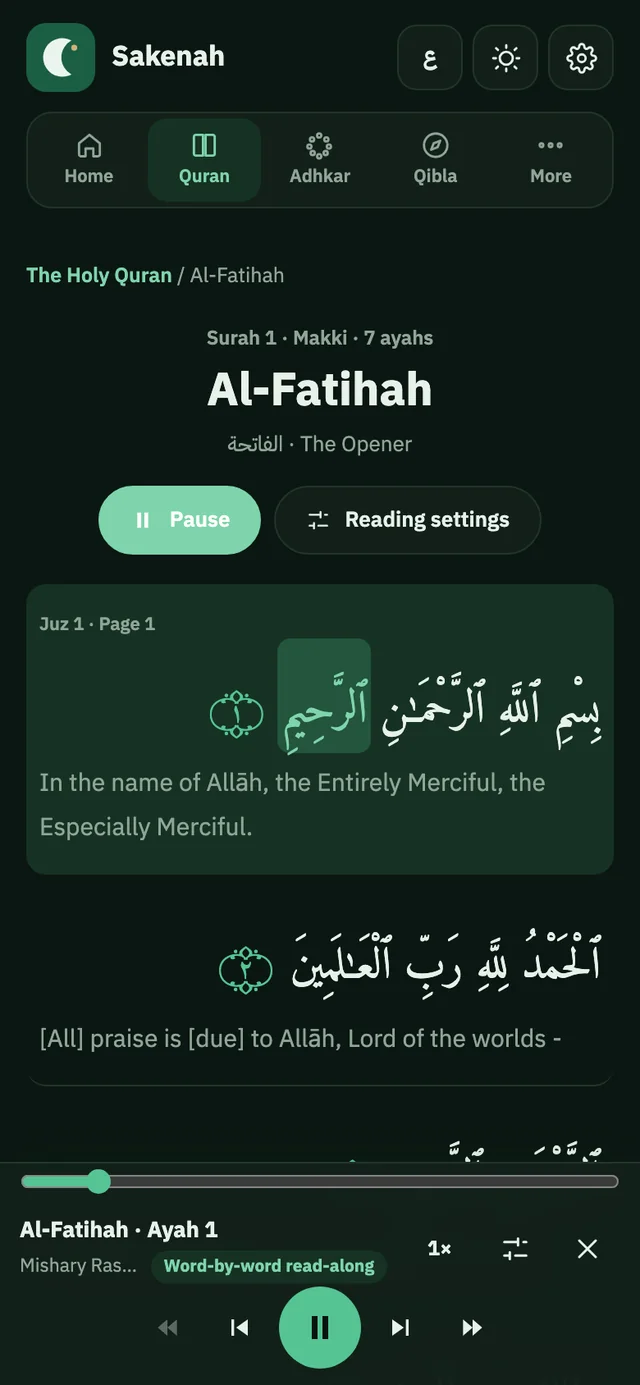 Al-Fatihah playing in Sakenah, with the current word highlighted as it is recited.