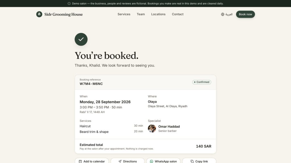 Booking confirmation with the reference, date, time, services, specialist and estimated total