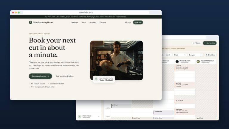Salon Booking: the public booking site in front of the business calendar, shown with fictional demo data