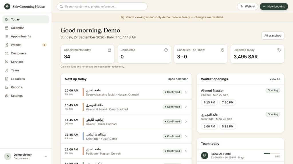 The business dashboard for today: appointments, next up, waitlist openings and the team working today