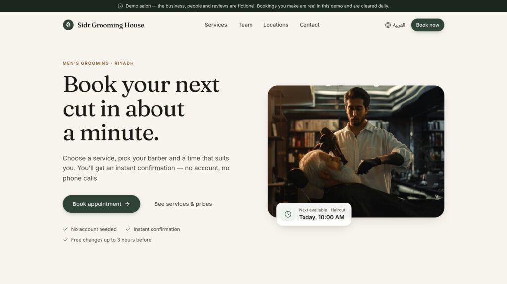 The salon’s public homepage with a Book appointment button and the next available time